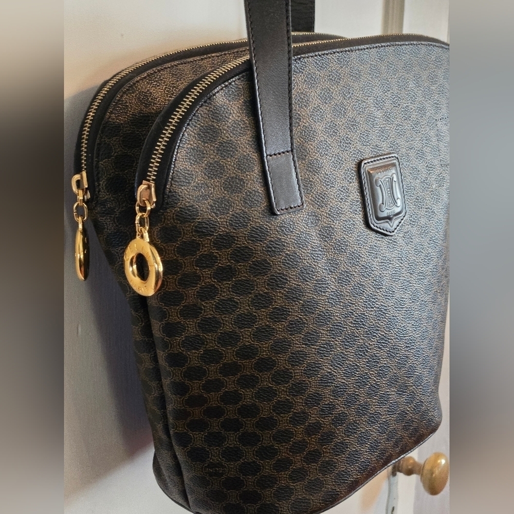 Celine | Double Zip Shoulder Tote Bag | Macadam Canvas & Black Leather | Vintage - Picture 9 of 16